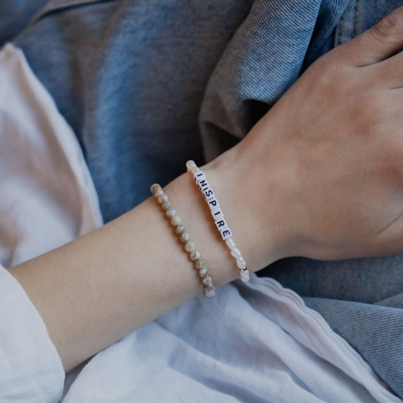 Inspire word bracelet with freshwater pearls
