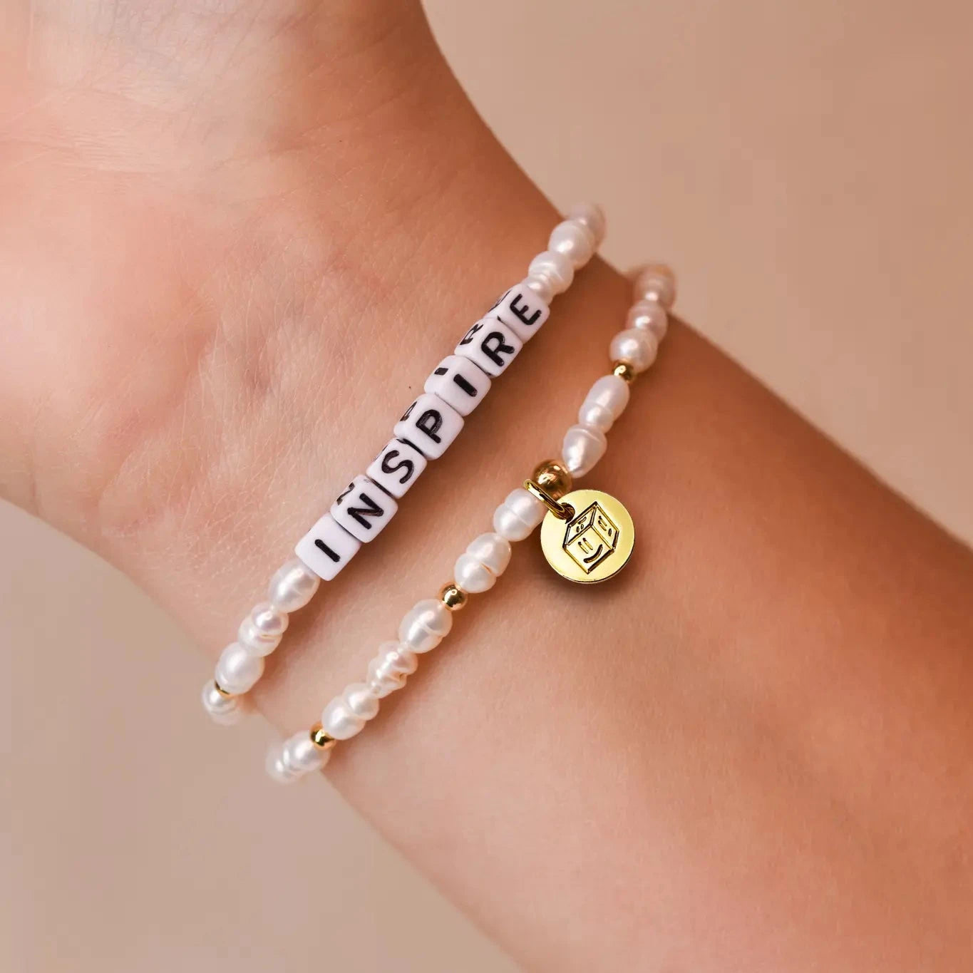 Inspire word bracelet with freshwater pearls