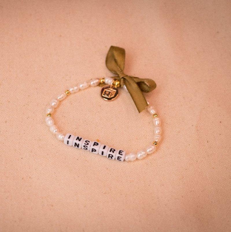 Inspire word bracelet with freshwater pearls